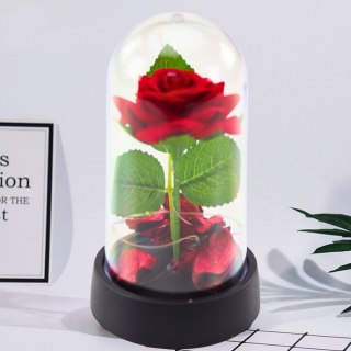 Wieczna Róża w Kopule z Oświetleniem LED Czerwona z Płatkami Róż 14x8cm